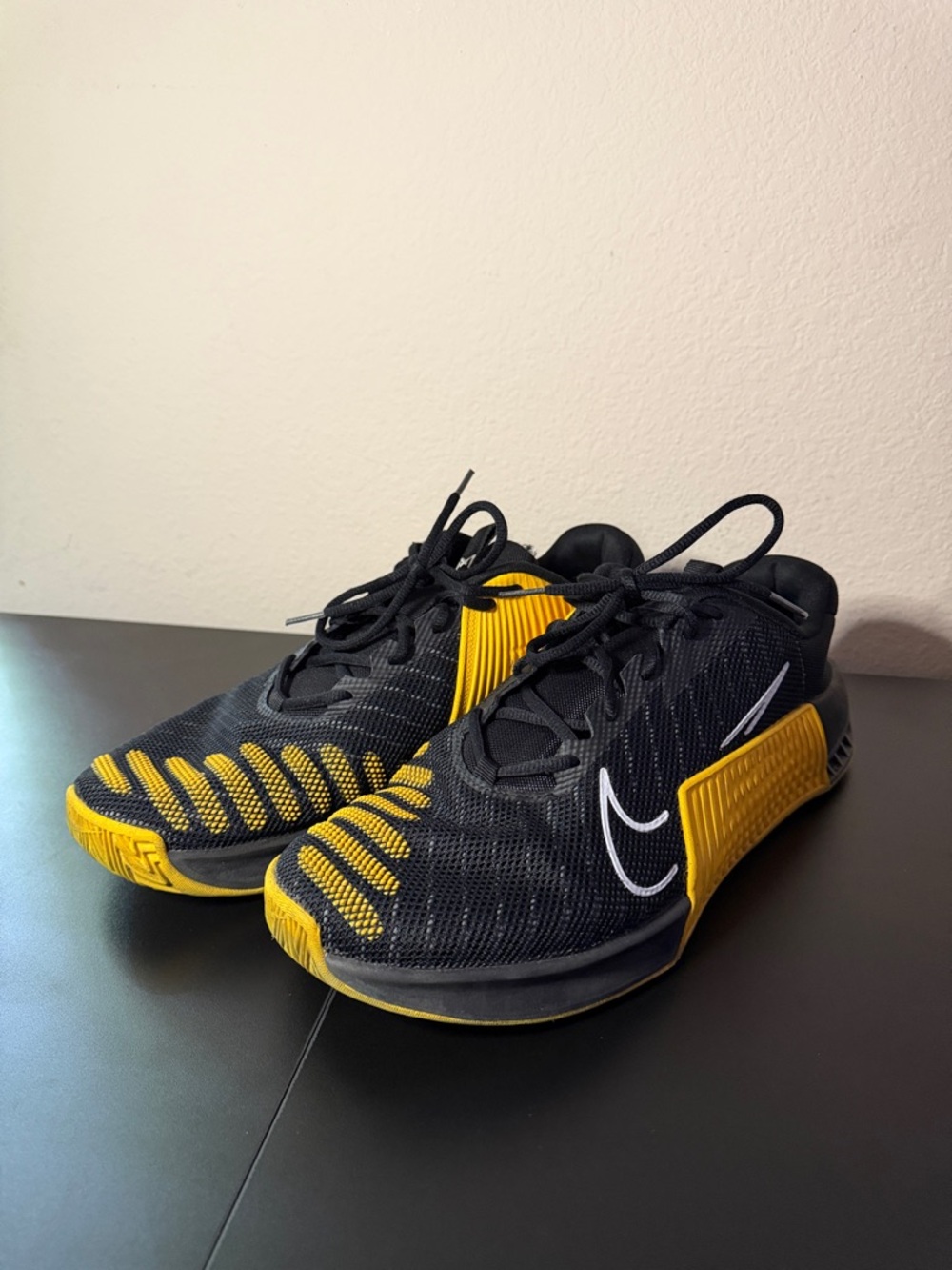 Nike Black and Yellow Metcon Training Sneakers with White Swoosh (M 14)